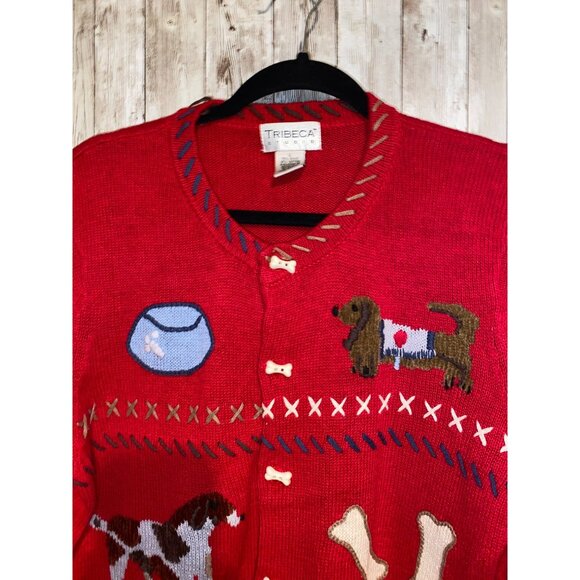 Women's Tribeca Studio Red Novelty Dog Sweater Cardigan Size Large Bone Buttons - Picture 7 of 11